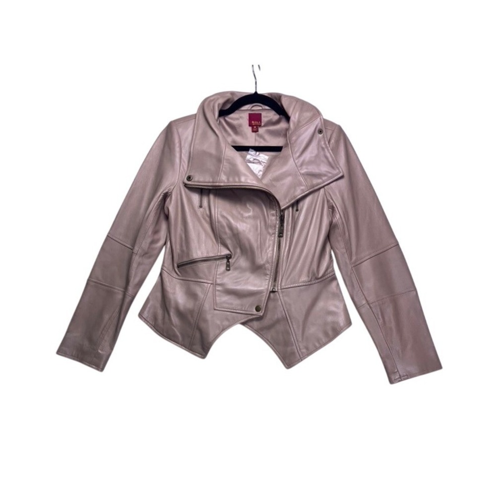 G.I.L.I. Leather Moto Jacket Women 10 Blush Pink Asymmetrical Zip Peplum Biker